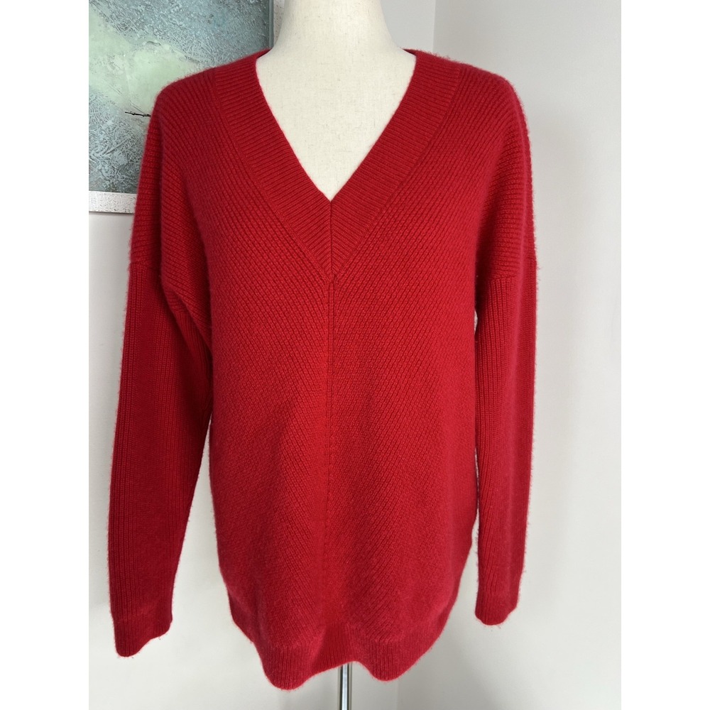 Lands End Womens L 100% Cashmere Red V Neck Sweater Quiet Luxury Old Money